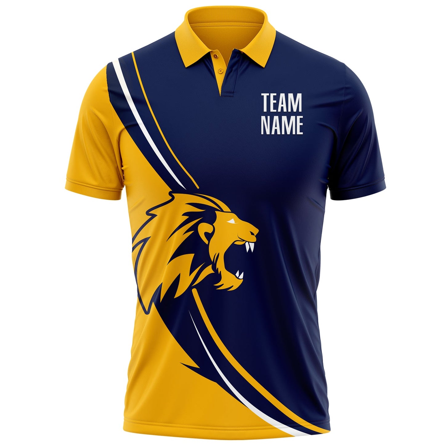 Custom Navy White-Gold 3D Pattern Design Animal Lion Performance Polo Shirt view 2