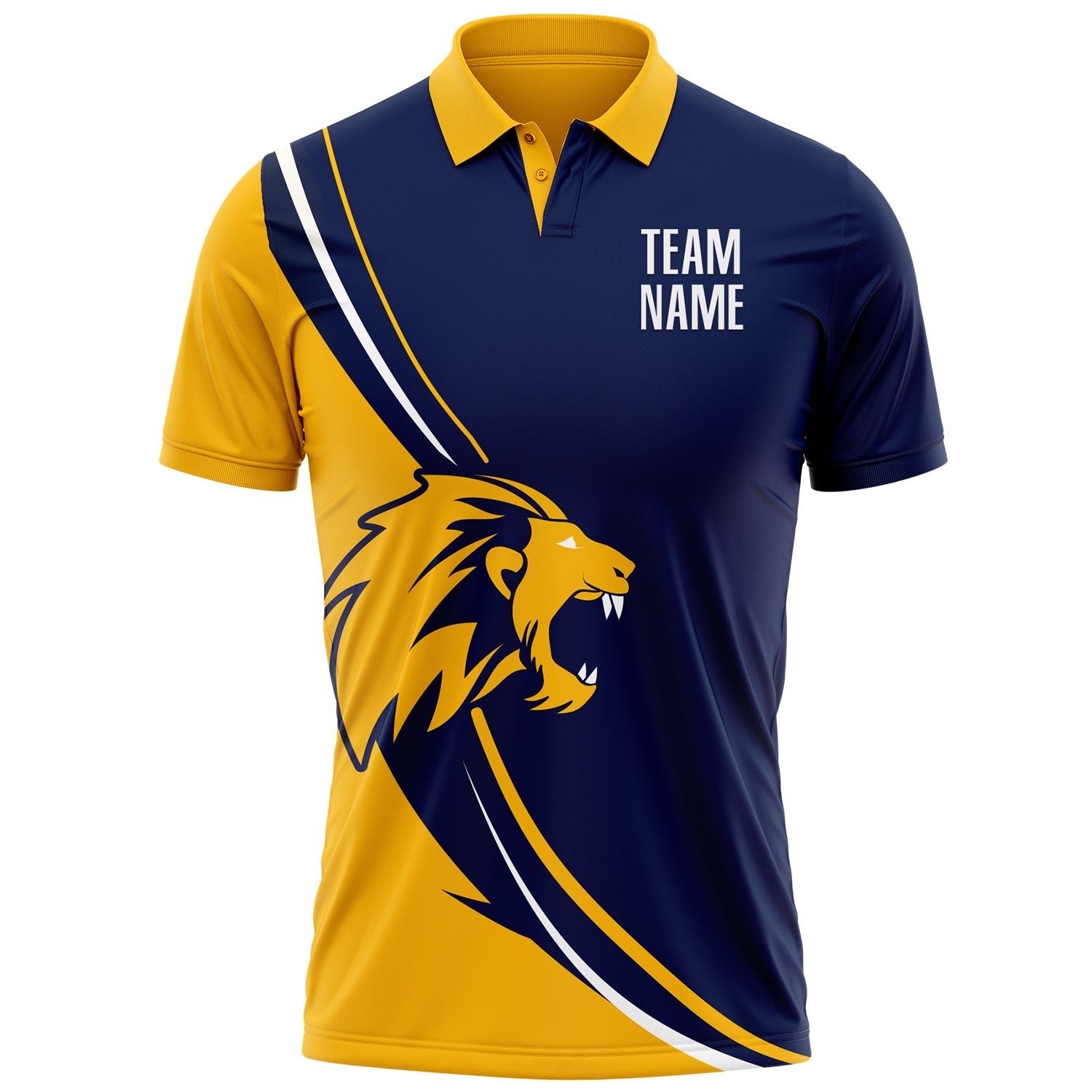 Custom Navy White-Gold 3D Pattern Design Animal Lion Performance Polo Shirt view 2