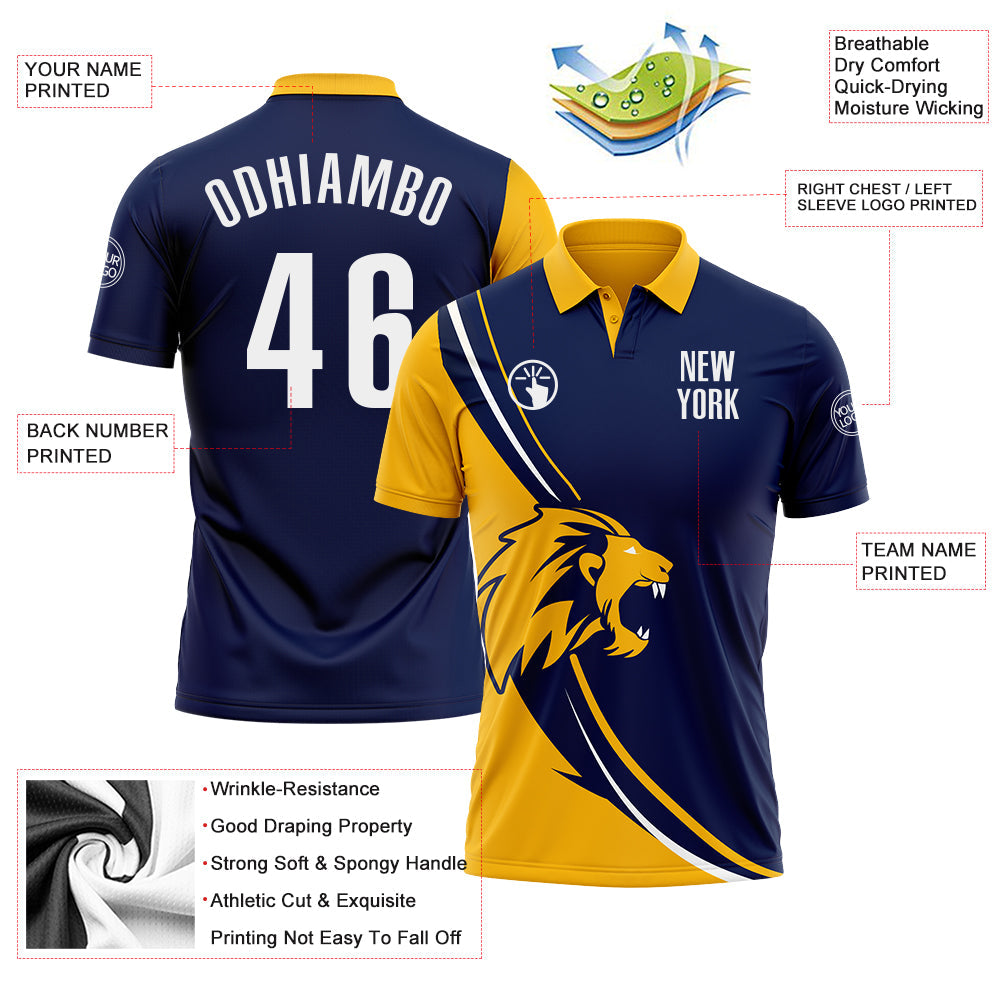 Custom Navy White-Gold 3D Pattern Design Animal Lion Performance Polo Shirt view 3