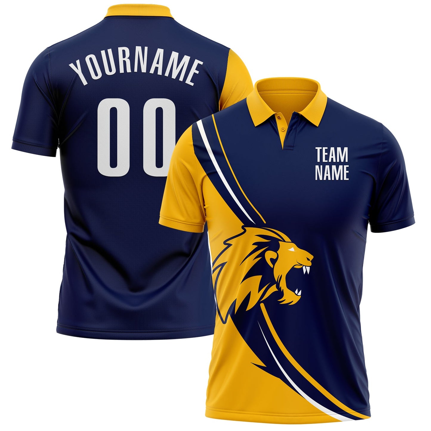 Custom Navy White-Gold 3D Pattern Design Animal Lion Performance Polo Shirt - Main View