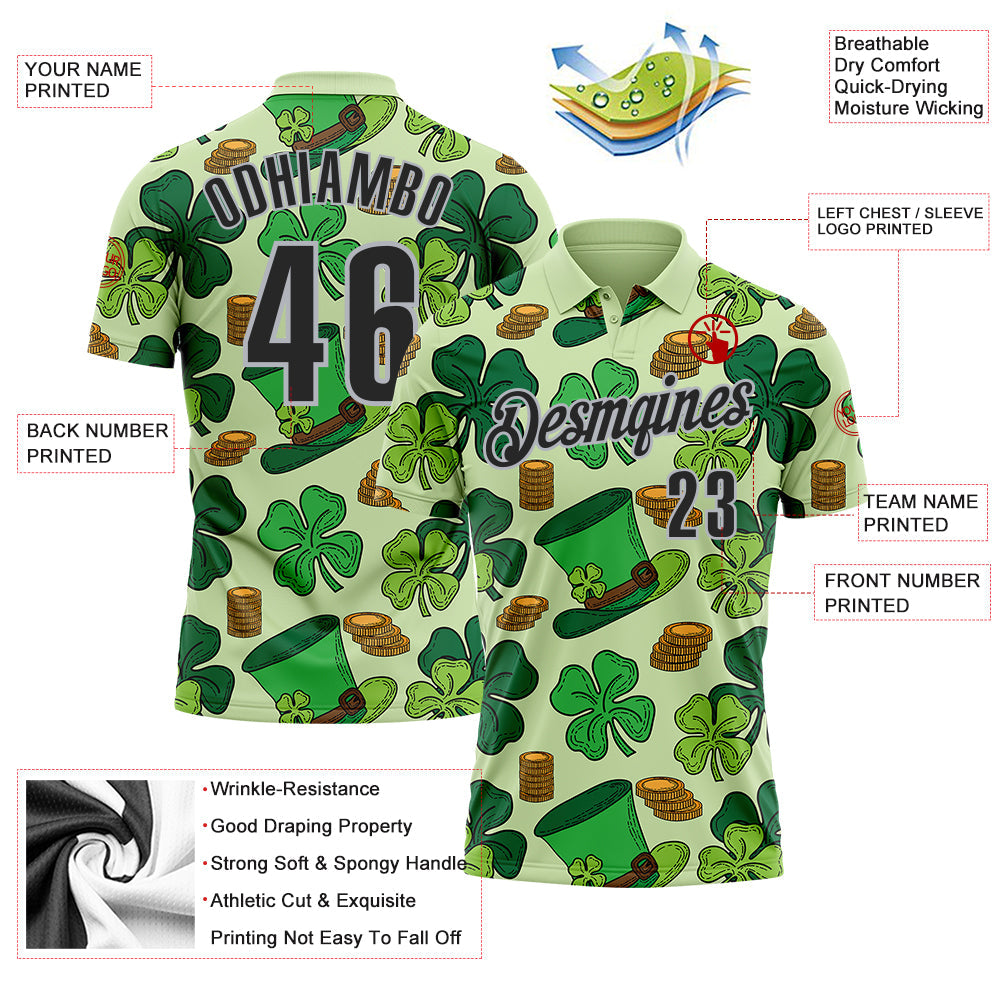 Custom Green Black-Gray 3D St. Patrick's Day Shamrock Performance Polo Shirt view 3