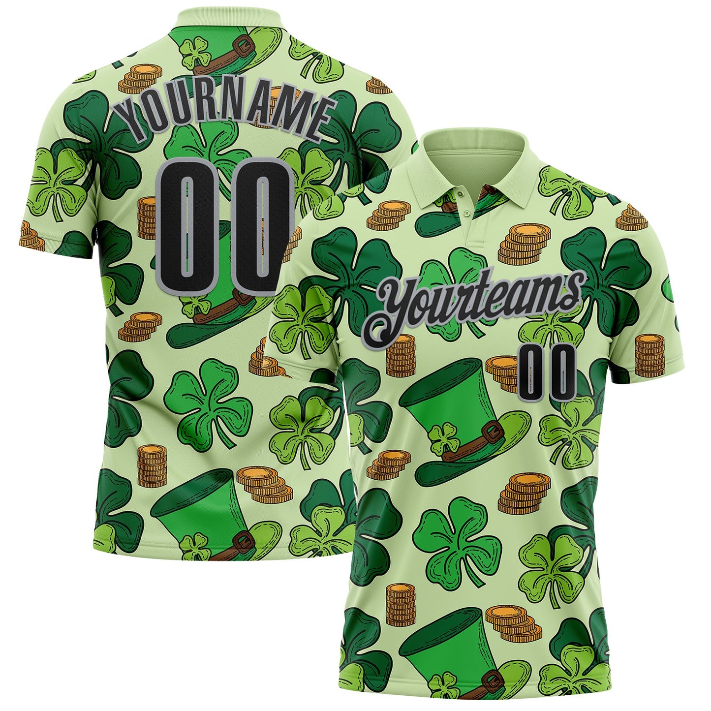 Custom Green Black-Gray 3D St. Patrick's Day Shamrock Performance Polo Shirt - Main View