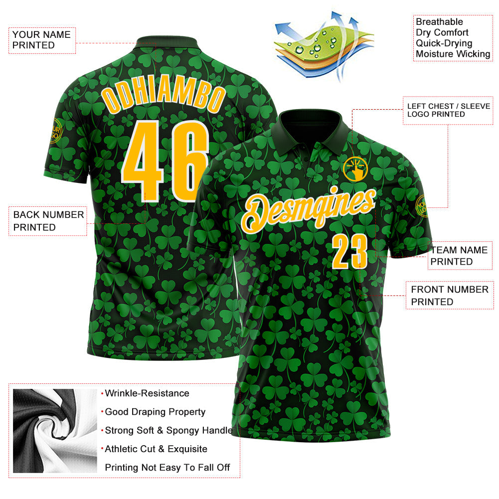 Custom Green Gold-White 3D St. Patrick's Day Shamrock Performance Polo Shirt view 3