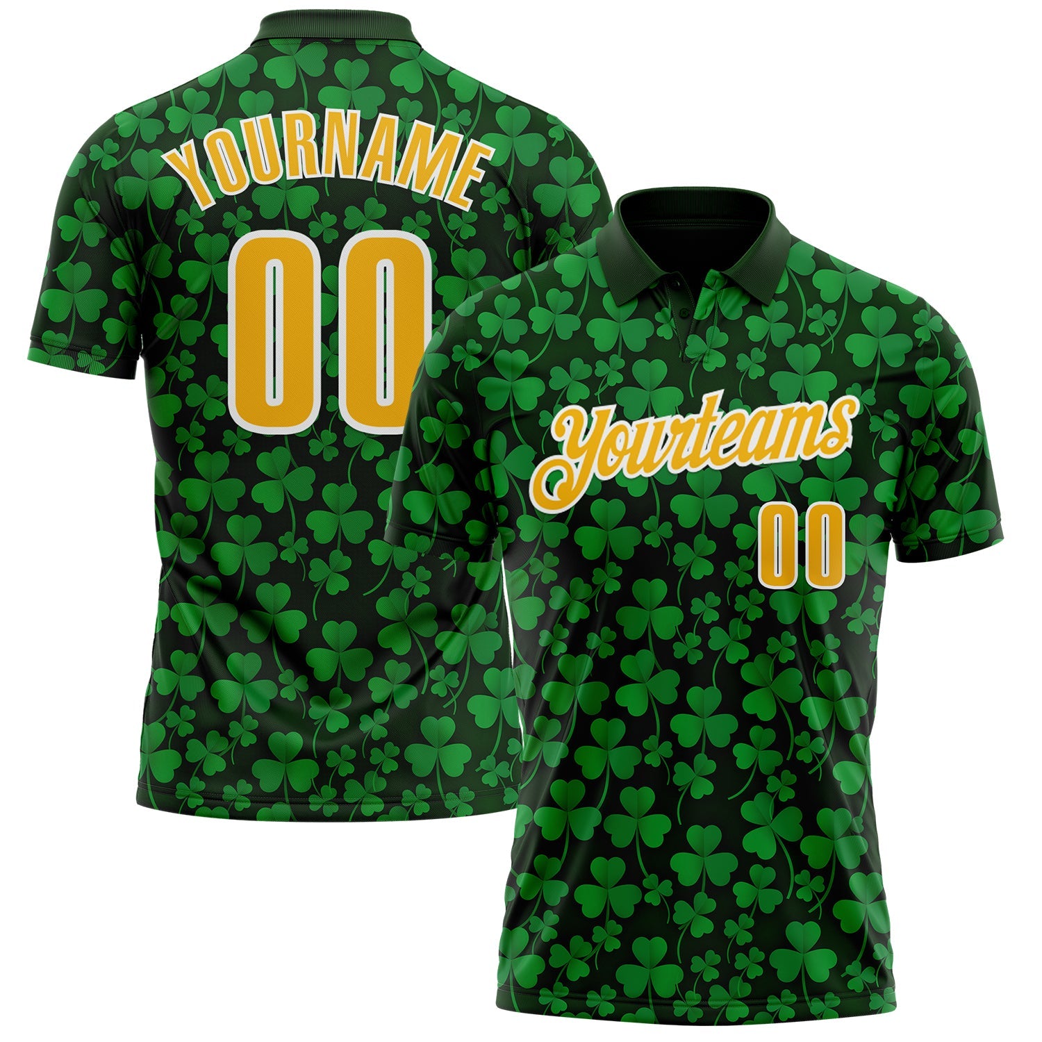Custom Green Gold-White 3D St. Patrick's Day Shamrock Performance Polo Shirt - Main View