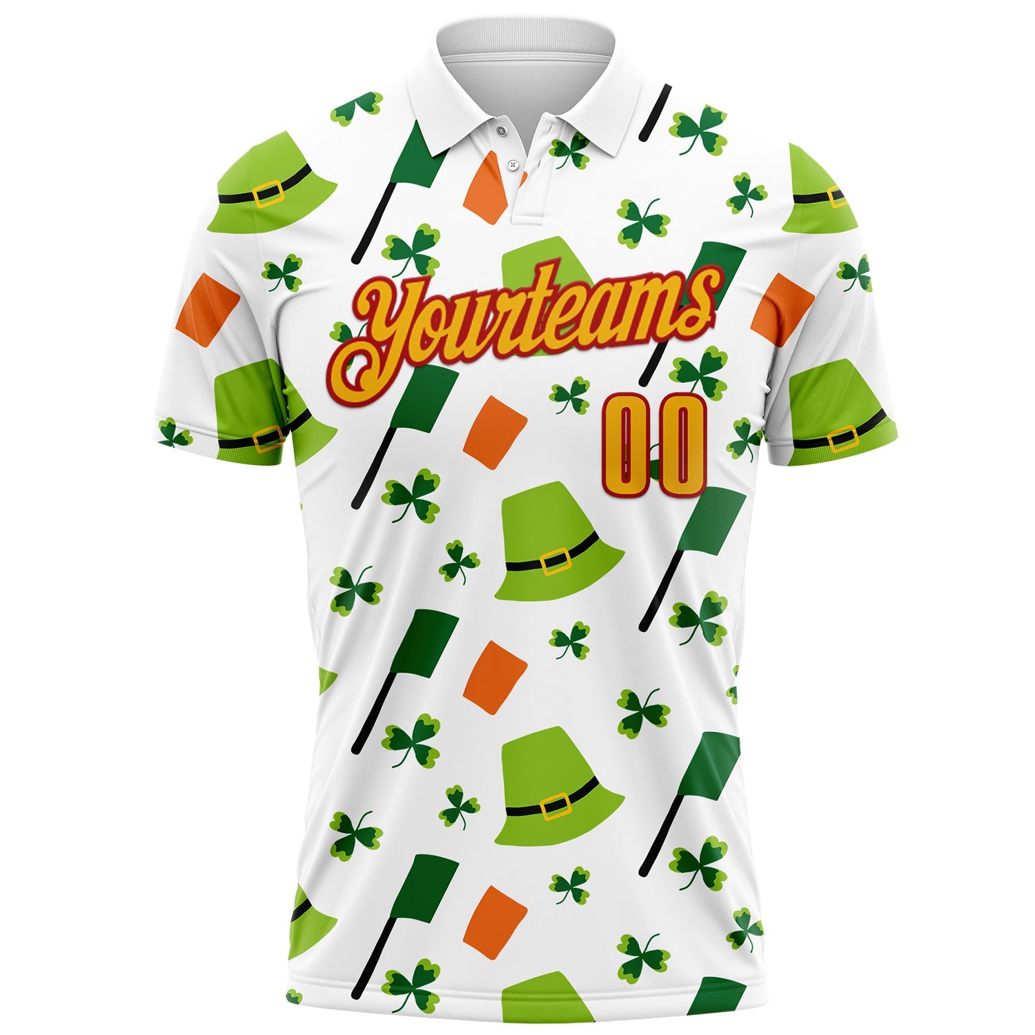 Custom White Gold-Red 3D St. Patrick's Day Shamrock Performance Polo Shirt view 2