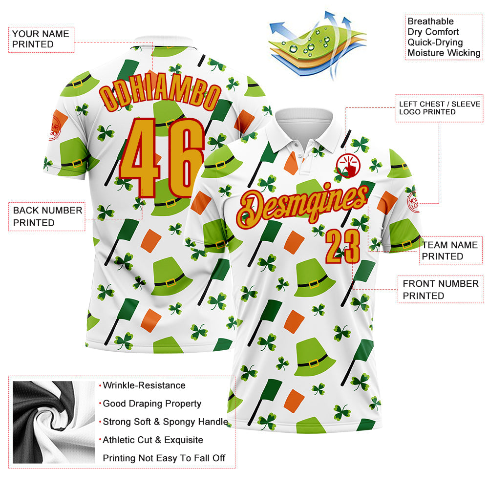 Custom White Gold-Red 3D St. Patrick's Day Shamrock Performance Polo Shirt view 3