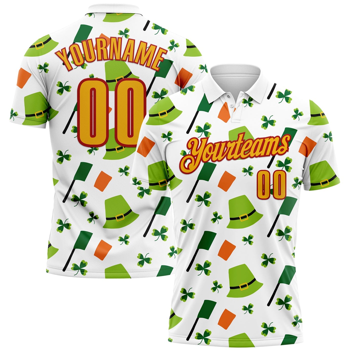Custom White Gold-Red 3D St. Patrick's Day Shamrock Performance Polo Shirt - Main View