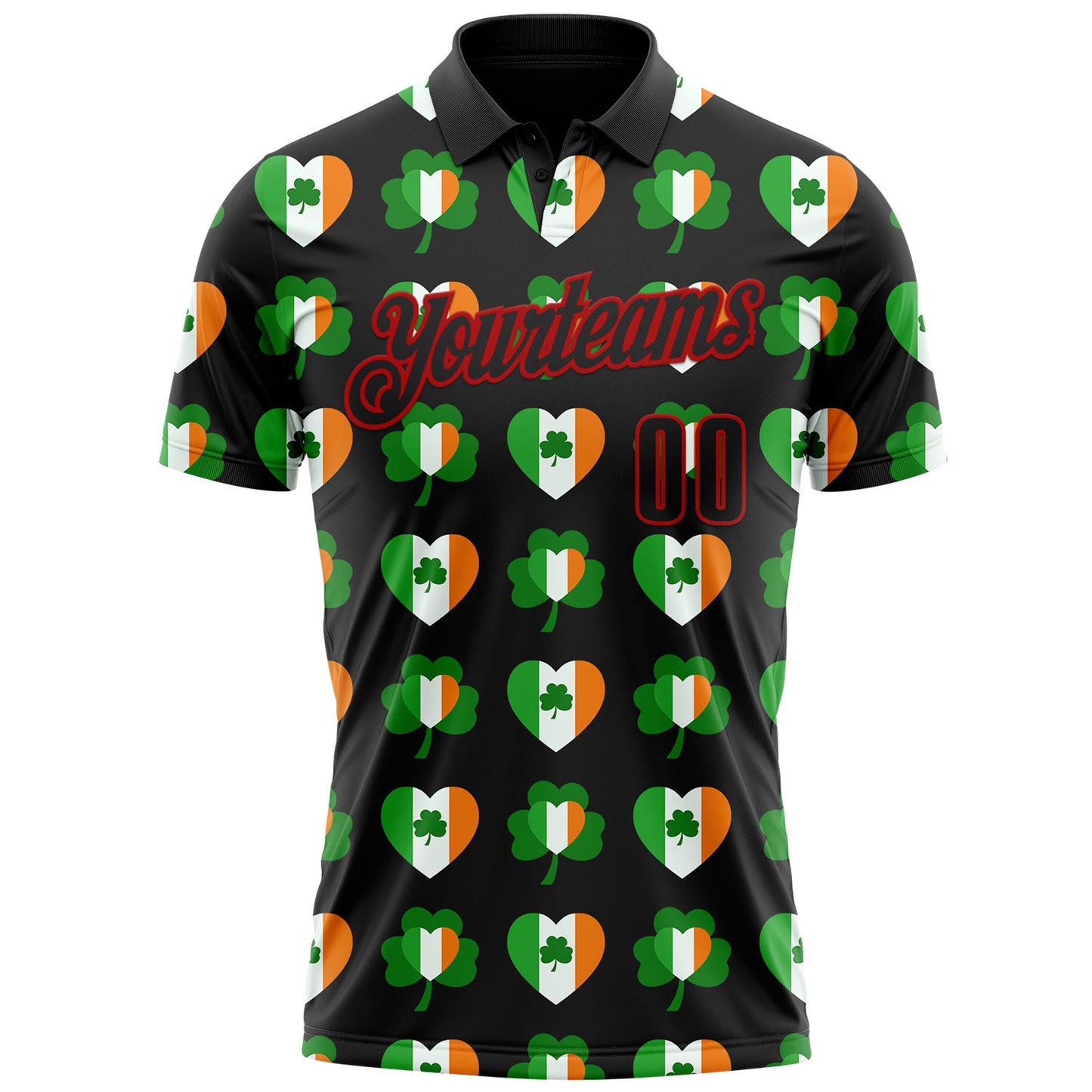 Custom Black Red 3D St. Patrick's Day Shamrock Performance Polo Shirt view 2
