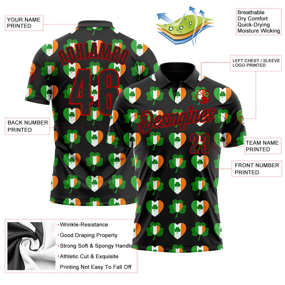 Custom Black Red 3D St. Patrick's Day Shamrock Performance Polo Shirt view 3