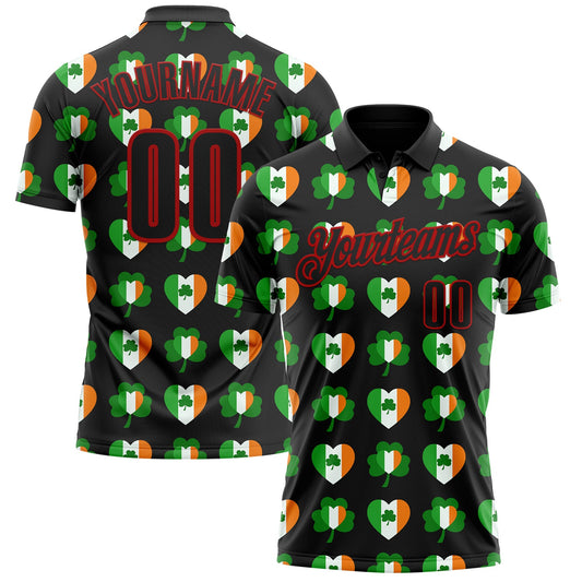 Custom Black Red 3D St. Patrick's Day Shamrock Performance Polo Shirt - Main View