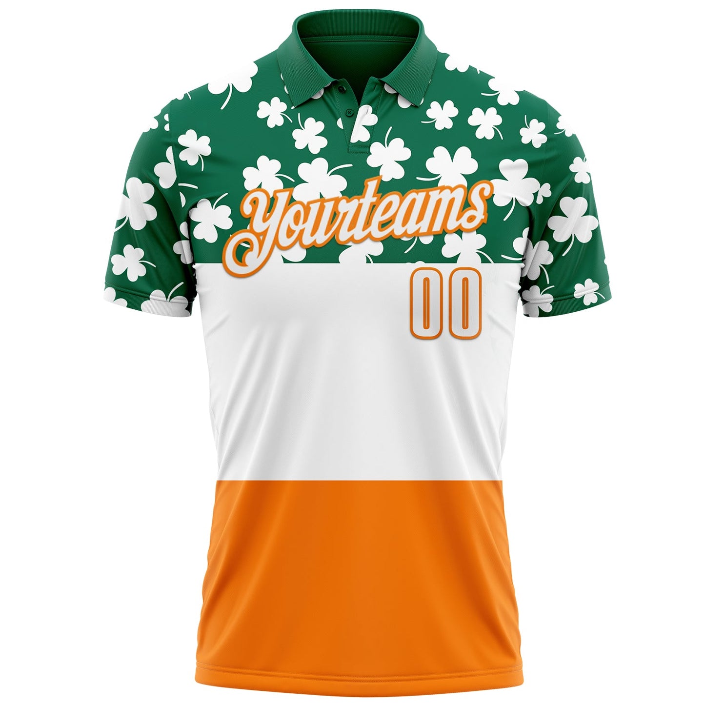 Custom Kelly Green White-Bay Orange 3D St. Patrick's Day Shamrock Performance Polo Shirt view 2