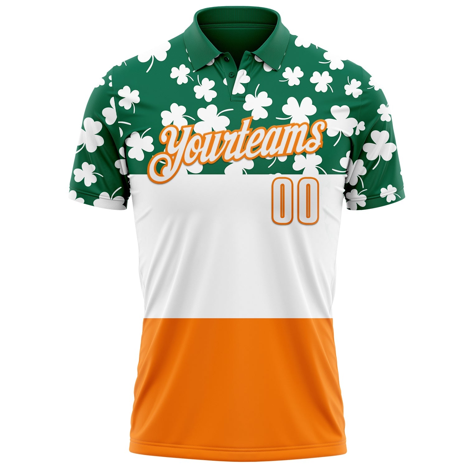Custom Kelly Green White-Bay Orange 3D St. Patrick's Day Shamrock Performance Polo Shirt view 2
