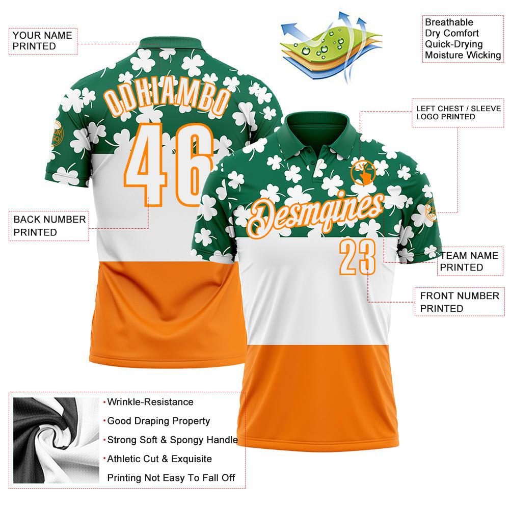 Custom Kelly Green White-Bay Orange 3D St. Patrick's Day Shamrock Performance Polo Shirt view 3