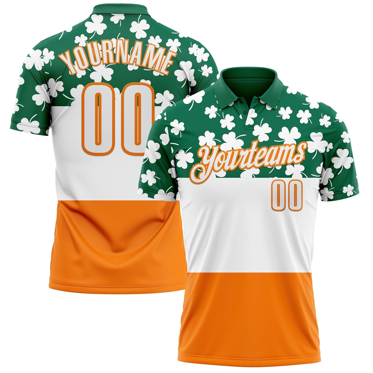Custom Kelly Green White-Bay Orange 3D St. Patrick's Day Shamrock Performance Polo Shirt - Main View