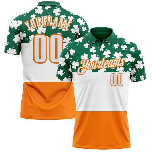 Custom Kelly Green White-Bay Orange 3D St. Patrick's Day Shamrock Performance Polo Shirt - Main View