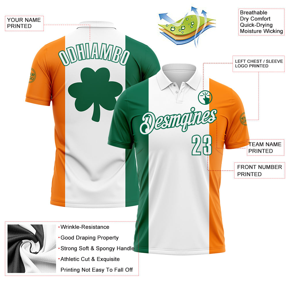 Custom White Kelly Green-Bay Orange 3D St. Patrick's Day Shamrock Performance Polo Shirt view 3