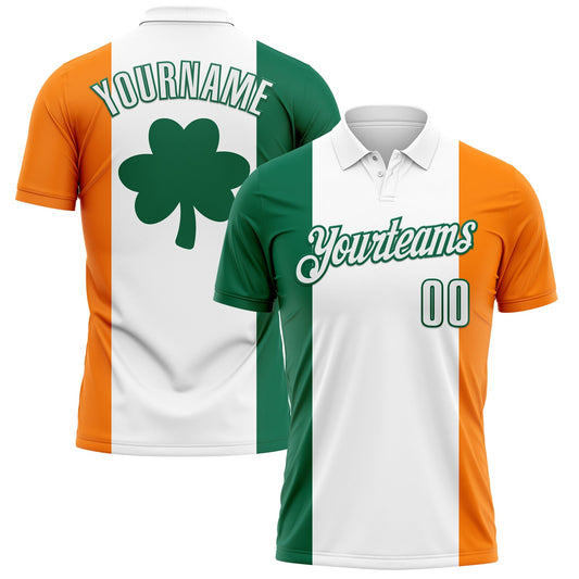 Custom White Kelly Green-Bay Orange 3D St. Patrick's Day Shamrock Performance Polo Shirt - Main View