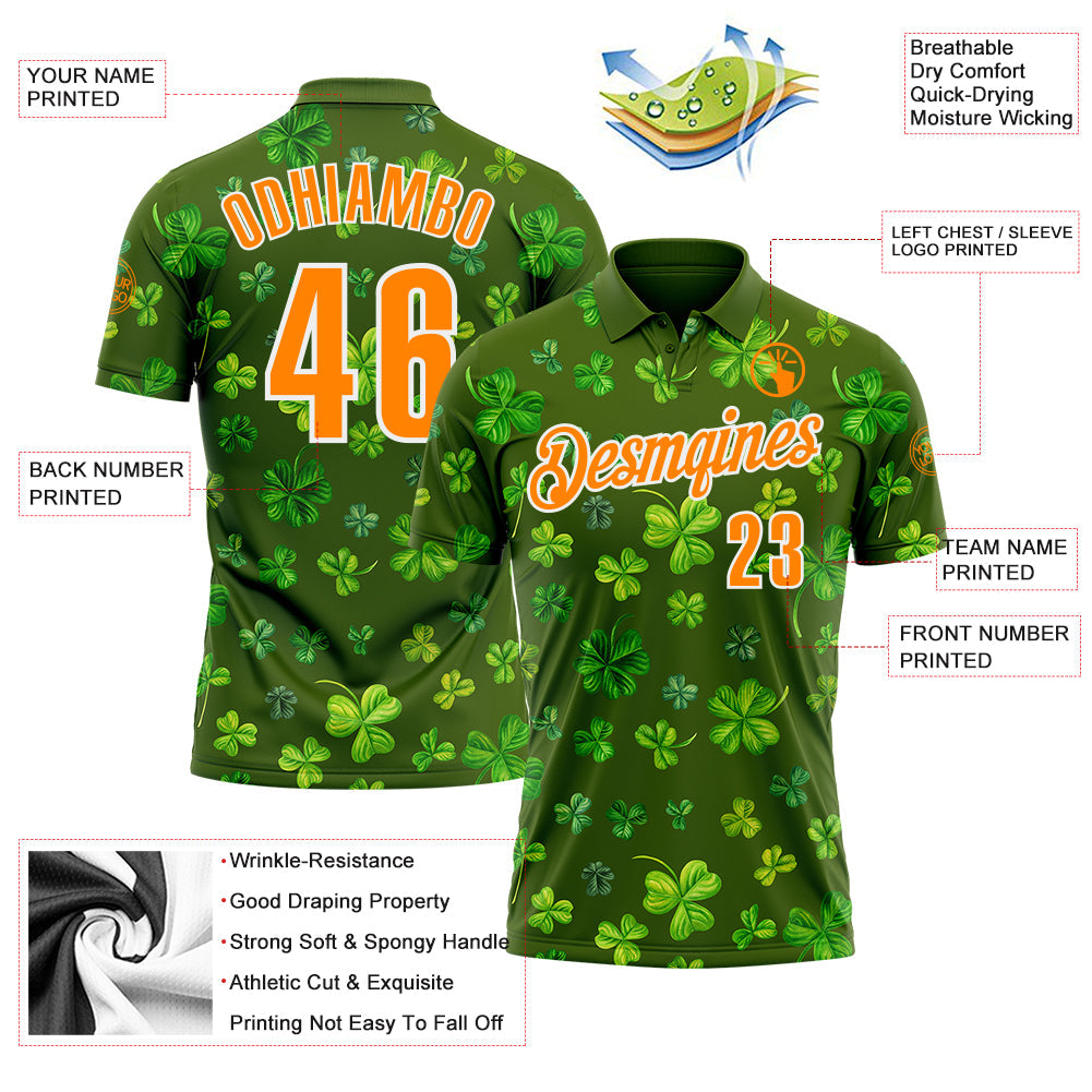 Custom Green Bay Orange-White 3D St. Patrick's Day Shamrock Performance Polo Shirt view 3