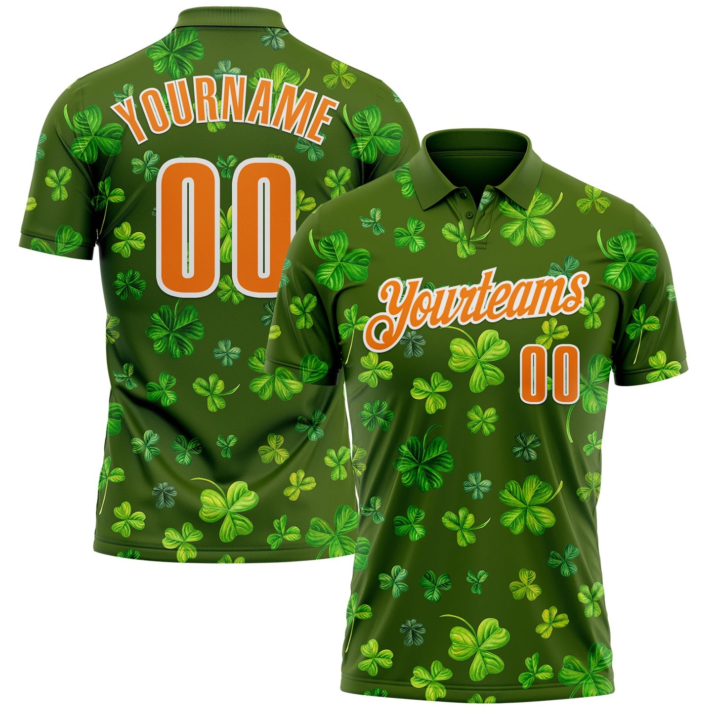 Custom Green Bay Orange-White 3D St. Patrick's Day Shamrock Performance Polo Shirt - Main View