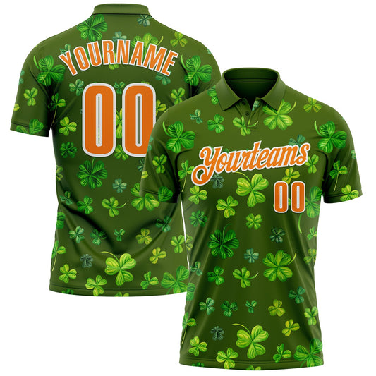 Custom Green Bay Orange-White 3D St. Patrick's Day Shamrock Performance Polo Shirt - Main View