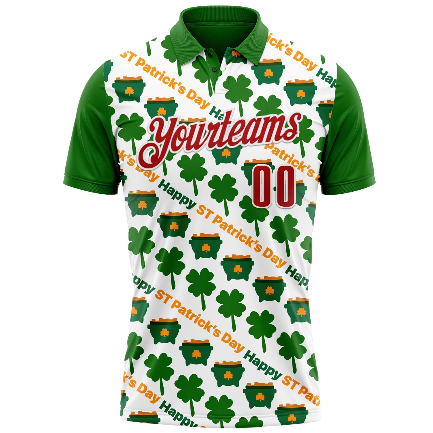 Custom White Red-Green 3D St. Patrick's Day Shamrock Performance Polo Shirt view 2
