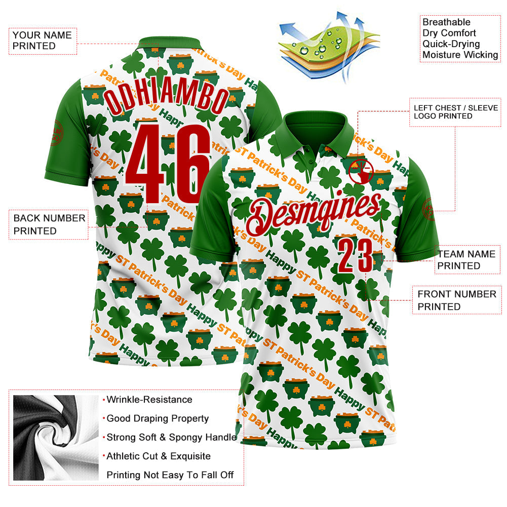Custom White Red-Green 3D St. Patrick's Day Shamrock Performance Polo Shirt view 3