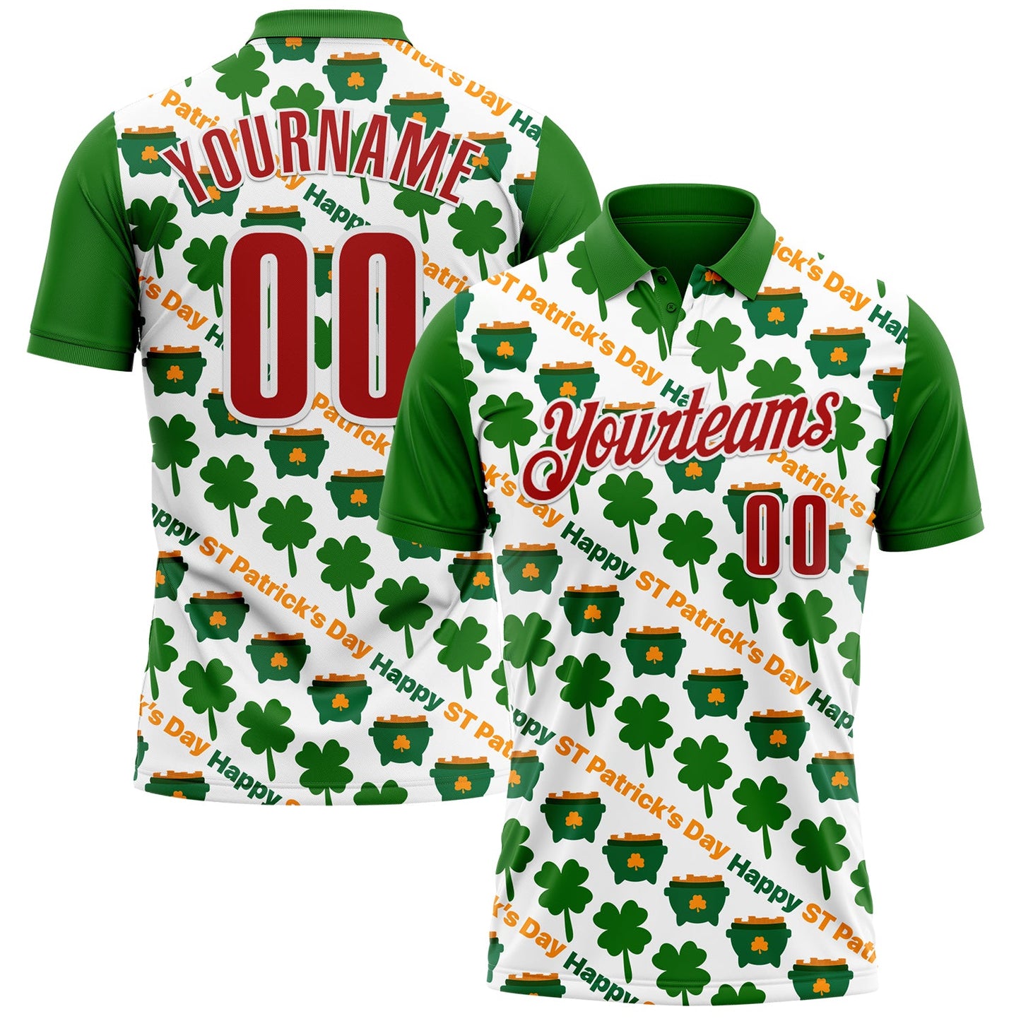 Custom White Red-Green 3D St. Patrick's Day Shamrock Performance Polo Shirt - Main View