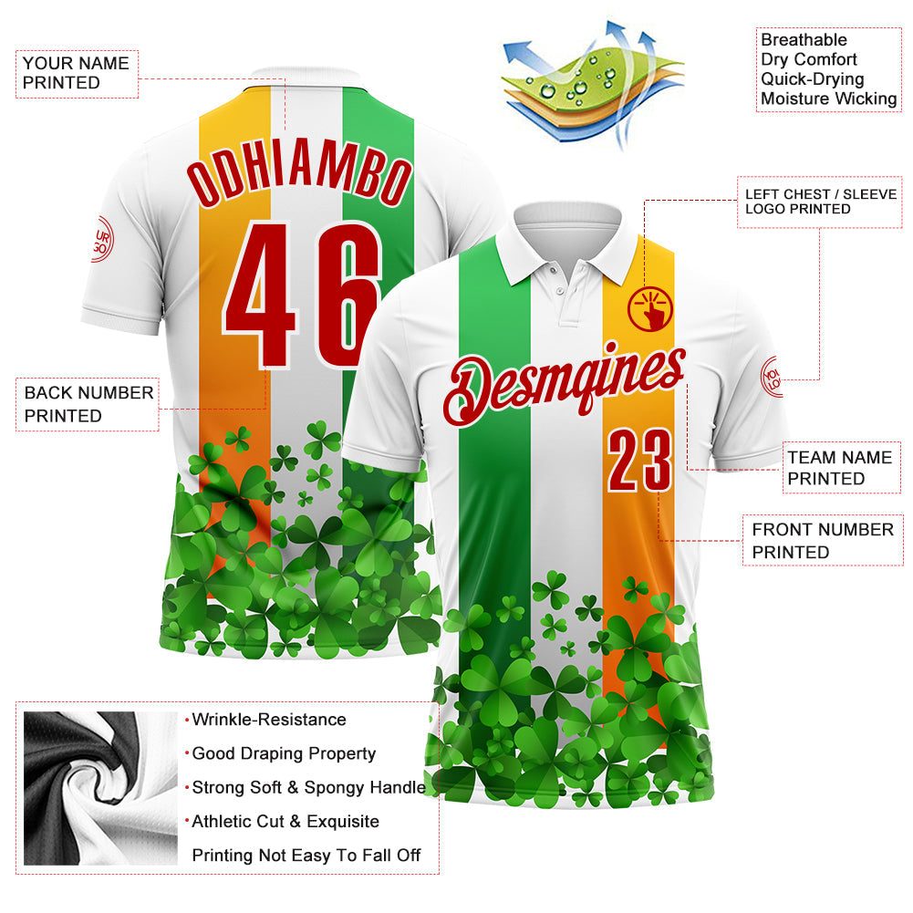 Custom White Red Green-Bay Orange 3D St. Patrick's Day Shamrock Performance Polo Shirt view 3