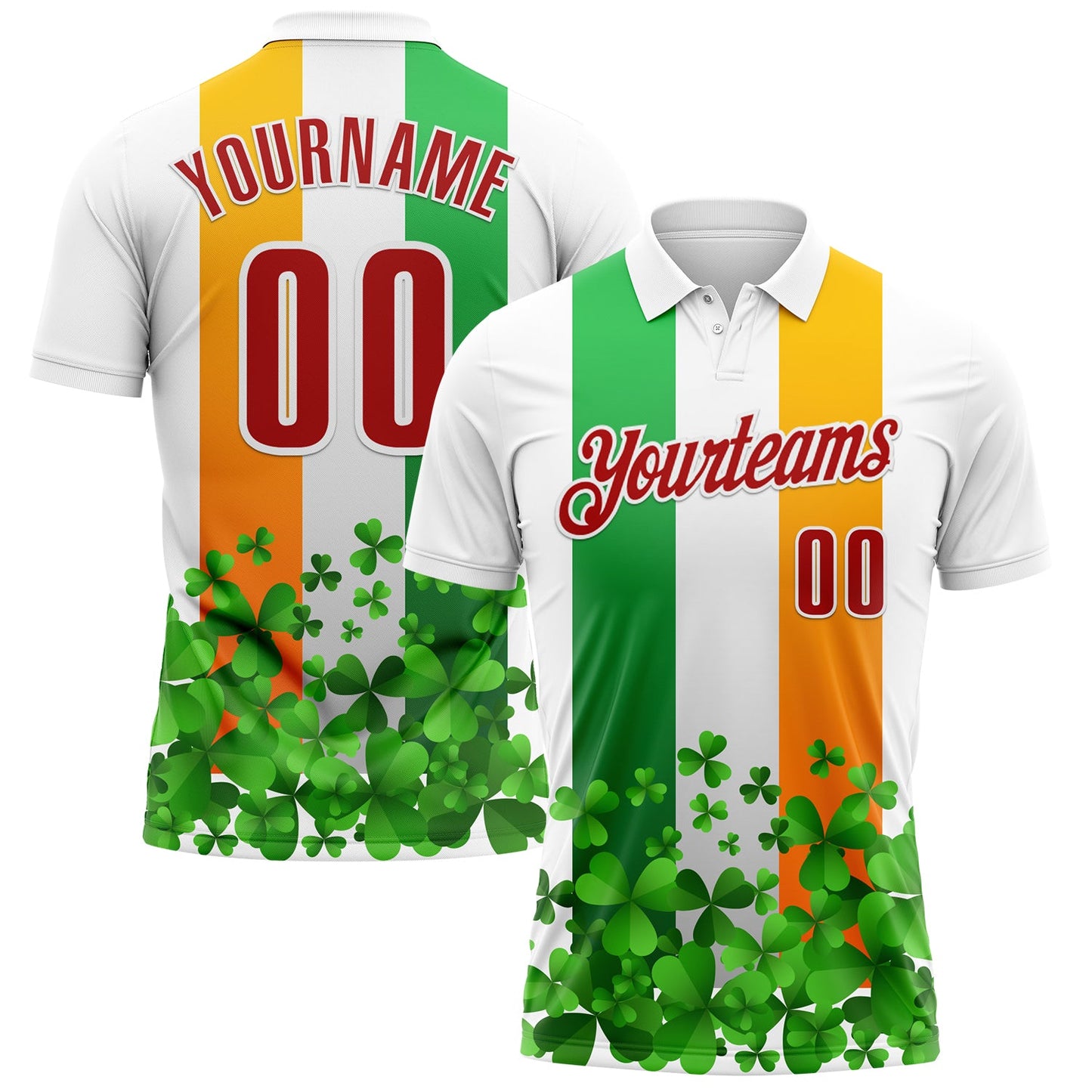 Custom White Red Green-Bay Orange 3D St. Patrick's Day Shamrock Performance Polo Shirt - Main View