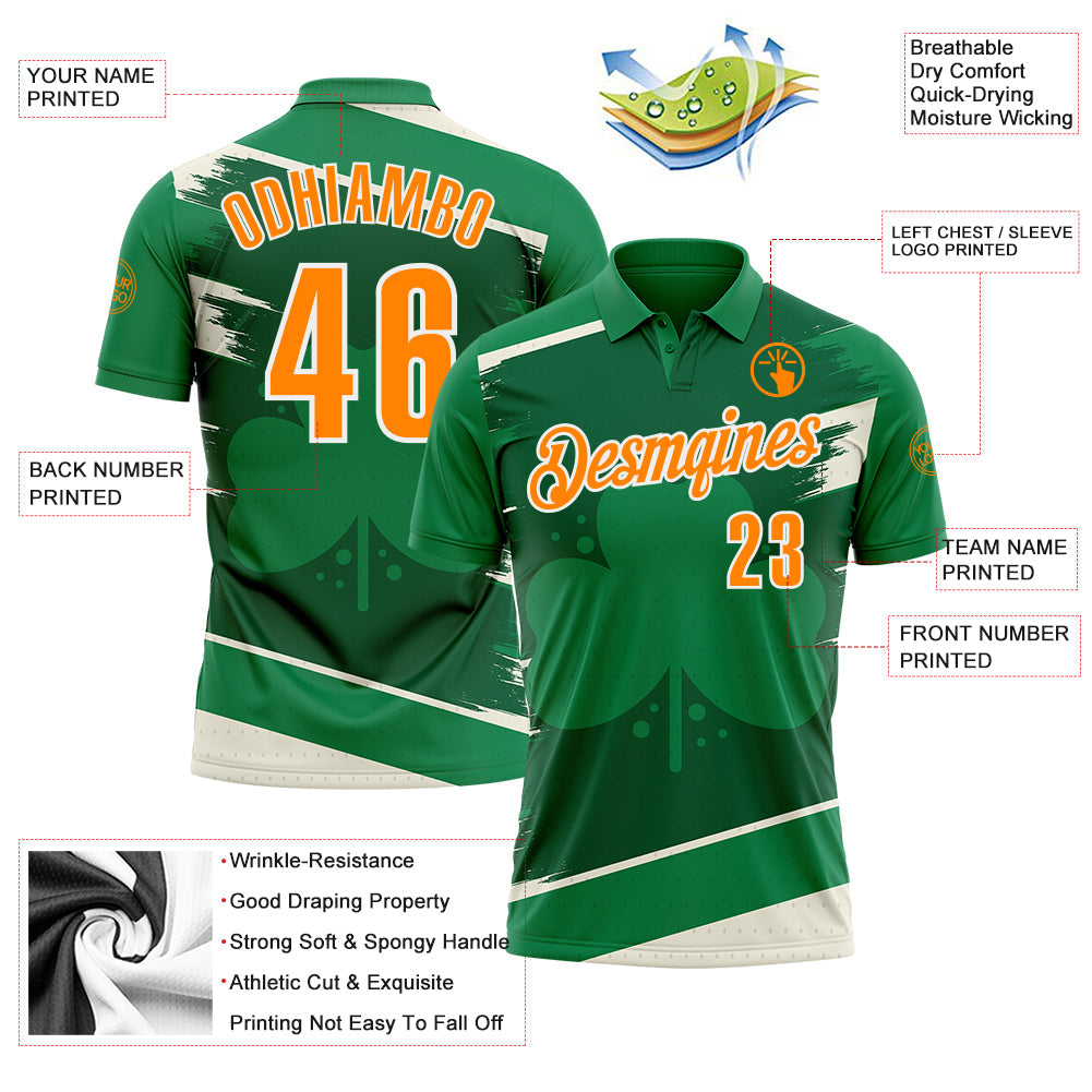 Custom Green Bay Orange-White 3D St. Patrick's Day Shamrock Performance Polo Shirt view 3