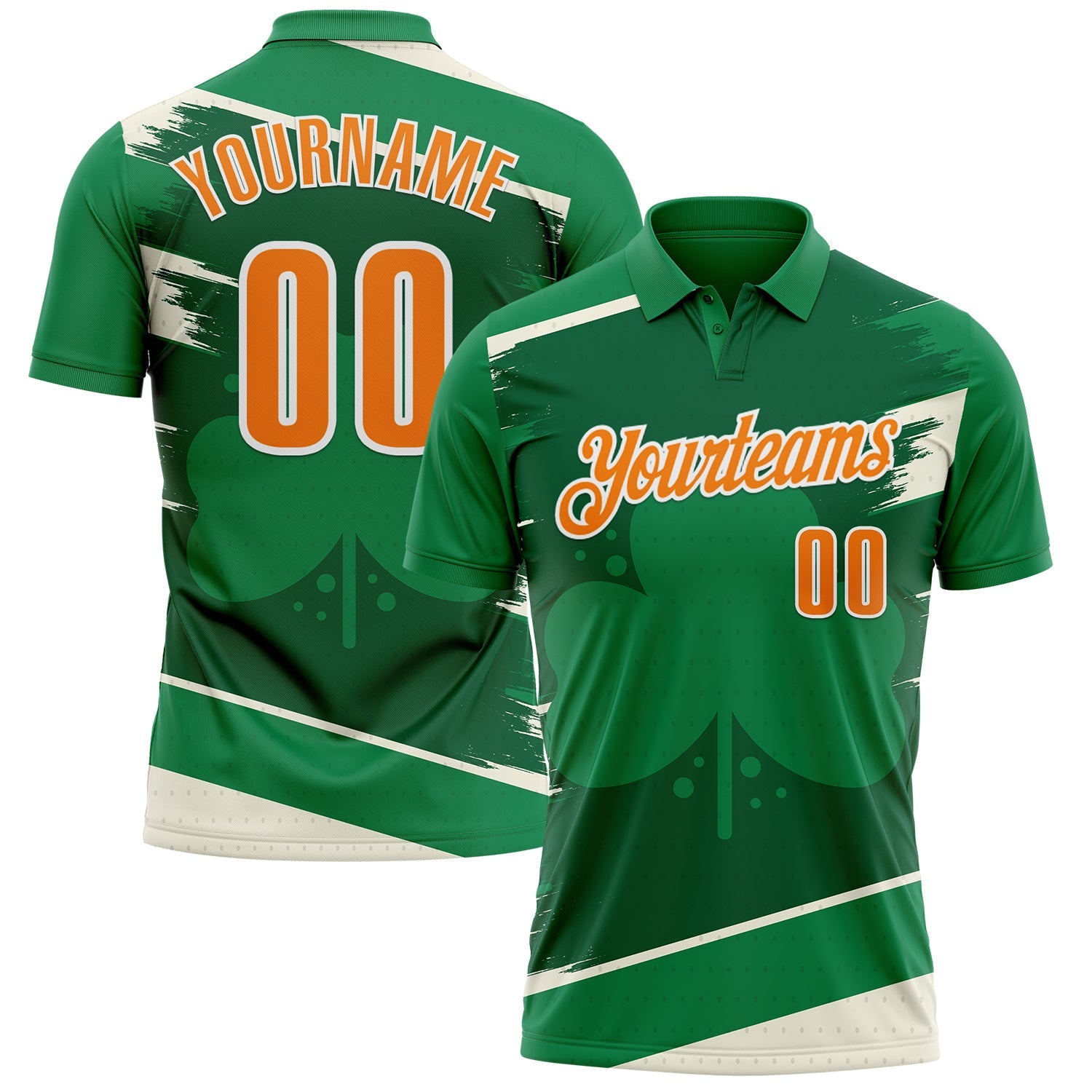 Custom Green Bay Orange-White 3D St. Patrick's Day Shamrock Performance Polo Shirt - Main View