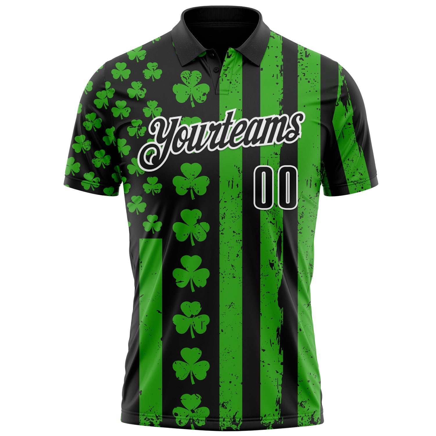 Custom Black Green-White 3D St. Patrick's Day Shamrock Performance Polo Shirt view 2