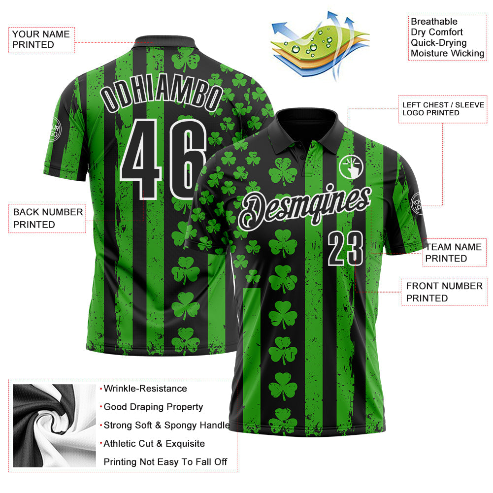Custom Black Green-White 3D St. Patrick's Day Shamrock Performance Polo Shirt view 3