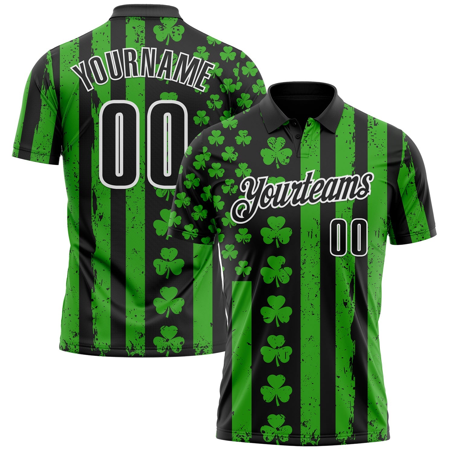 Custom Black Green-White 3D St. Patrick's Day Shamrock Performance Polo Shirt - Main View