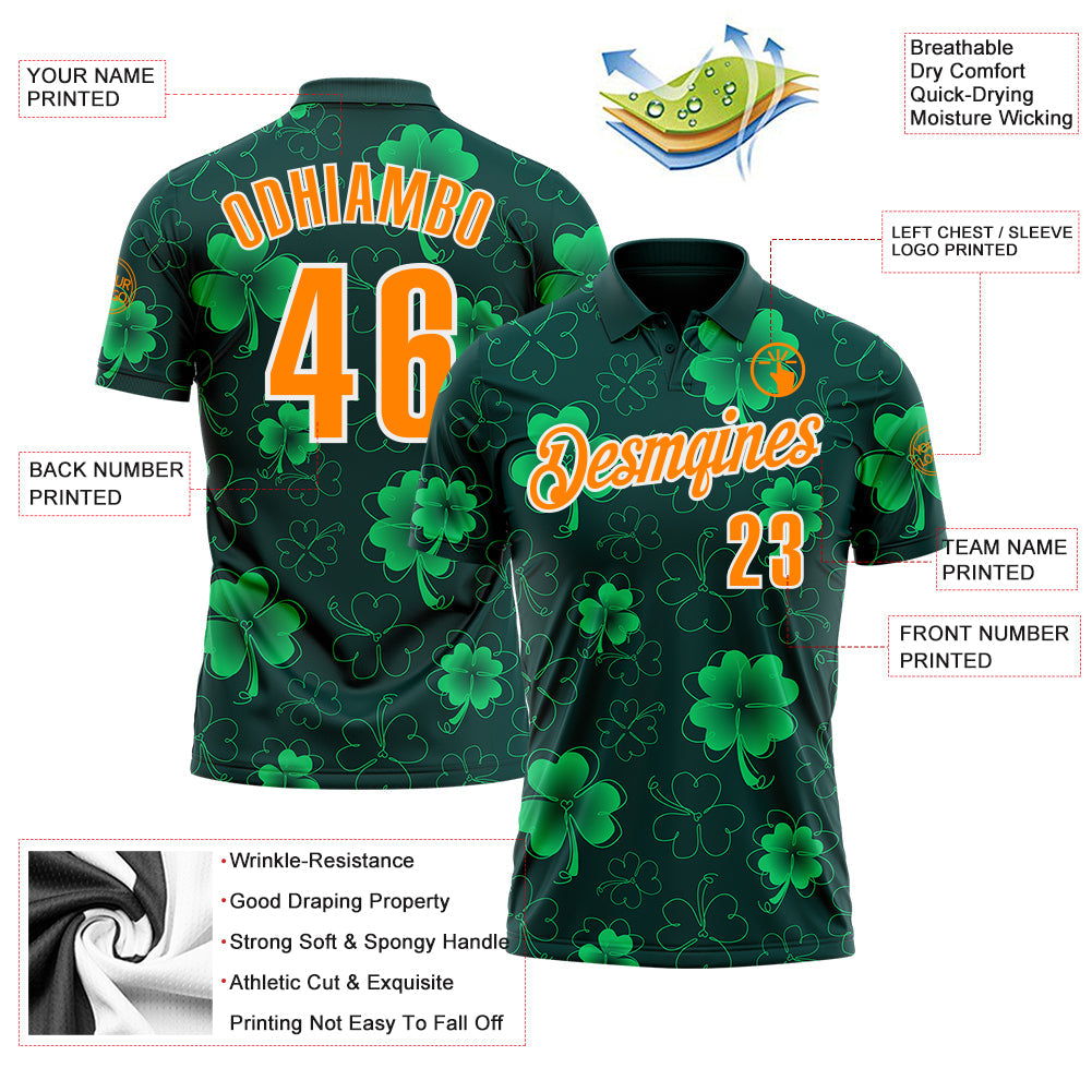 Custom Navy Bay Orange-Green 3D St. Patrick's Day Shamrock Performance Polo Shirt view 3