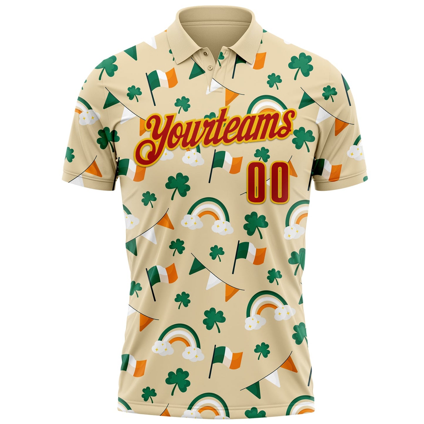 Custom Cream Red Green-Yellow 3D St. Patrick's Day Shamrock Performance Polo Shirt view 2