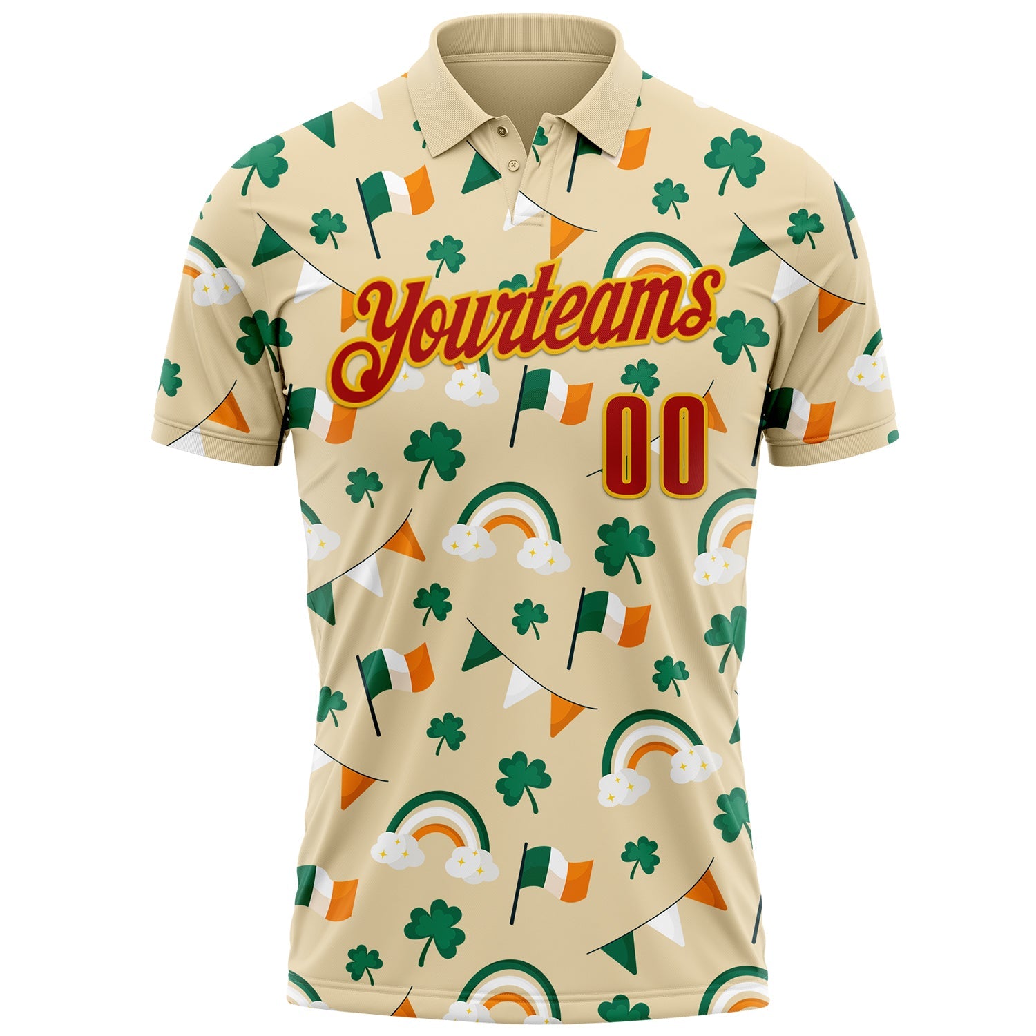 Custom Cream Red Green-Yellow 3D St. Patrick's Day Shamrock Performance Polo Shirt view 2