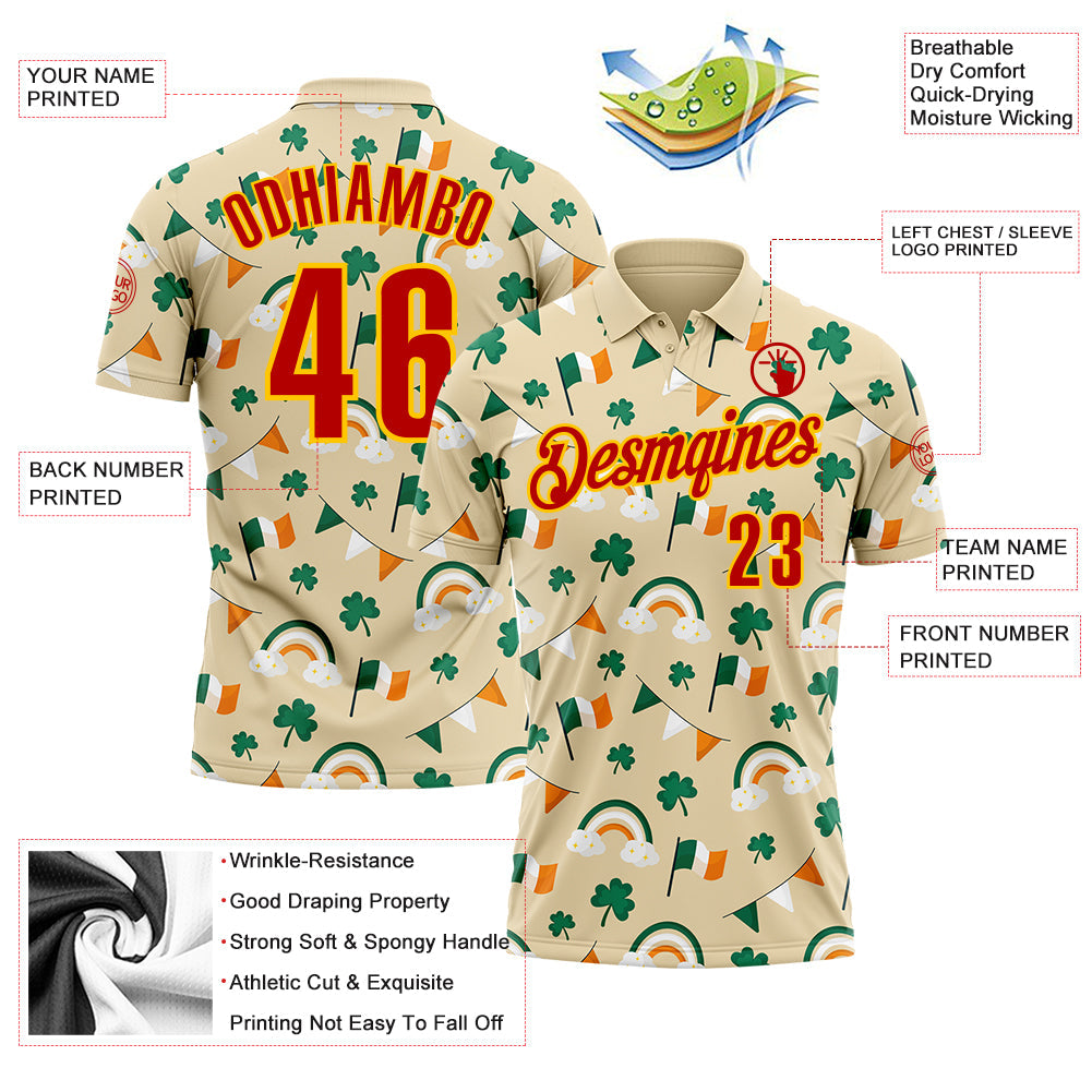 Custom Cream Red Green-Yellow 3D St. Patrick's Day Shamrock Performance Polo Shirt view 3