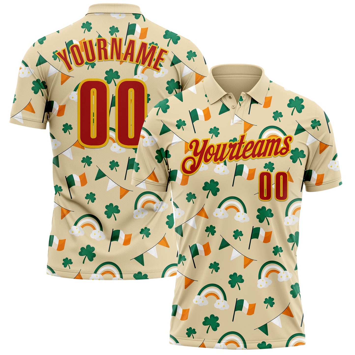 Custom Cream Red Green-Yellow 3D St. Patrick's Day Shamrock Performance Polo Shirt - Main View