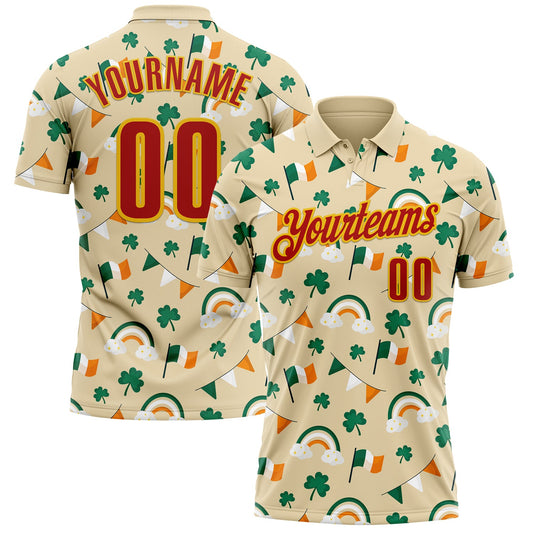 Custom Cream Red Green-Yellow 3D St. Patrick's Day Shamrock Performance Polo Shirt - Main View