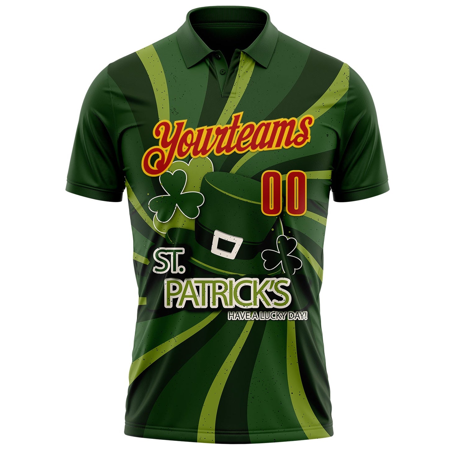 Custom Green Red-Yellow 3D St. Patrick's Day Shamrock Performance Polo Shirt view 2