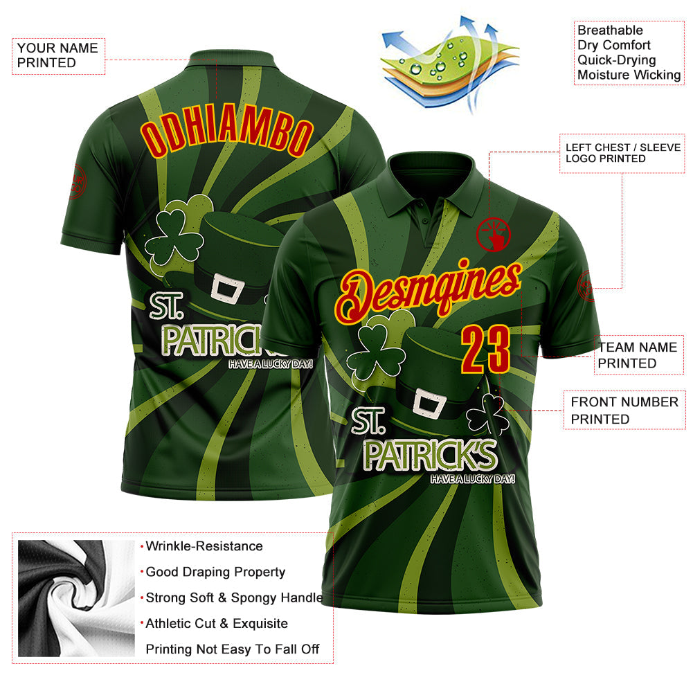 Custom Green Red-Yellow 3D St. Patrick's Day Shamrock Performance Polo Shirt view 3
