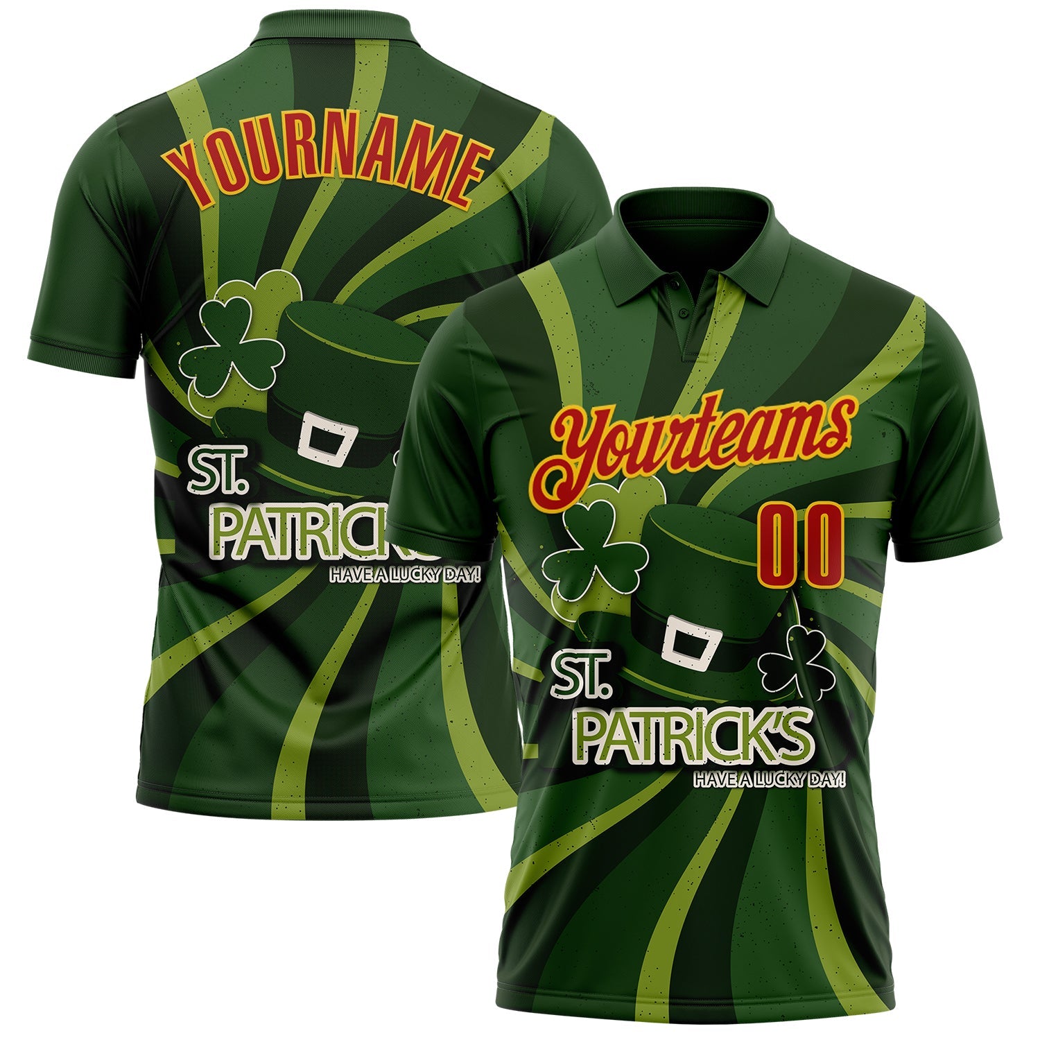 Custom Green Red-Yellow 3D St. Patrick's Day Shamrock Performance Polo Shirt - Main View