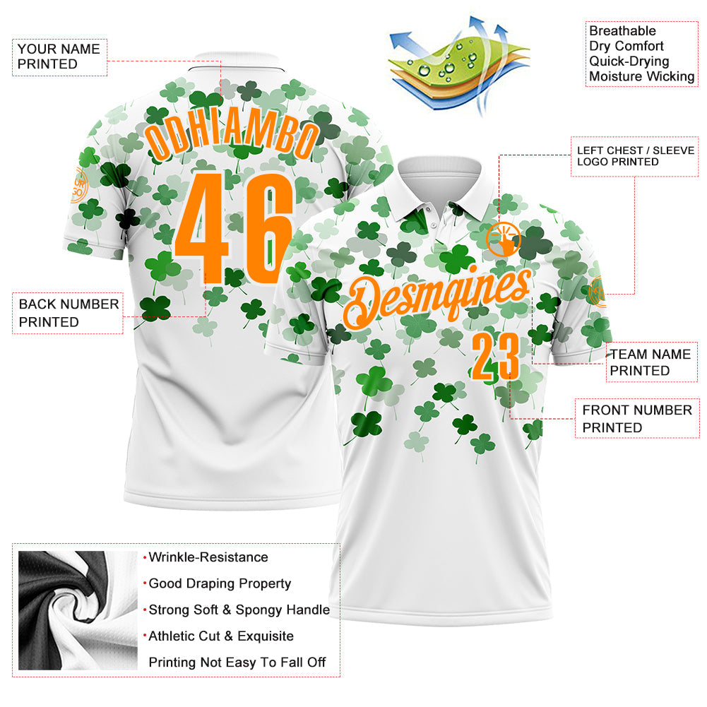 Custom White Bay Orange-Yellow 3D St. Patrick's Day Shamrock Performance Polo Shirt view 3