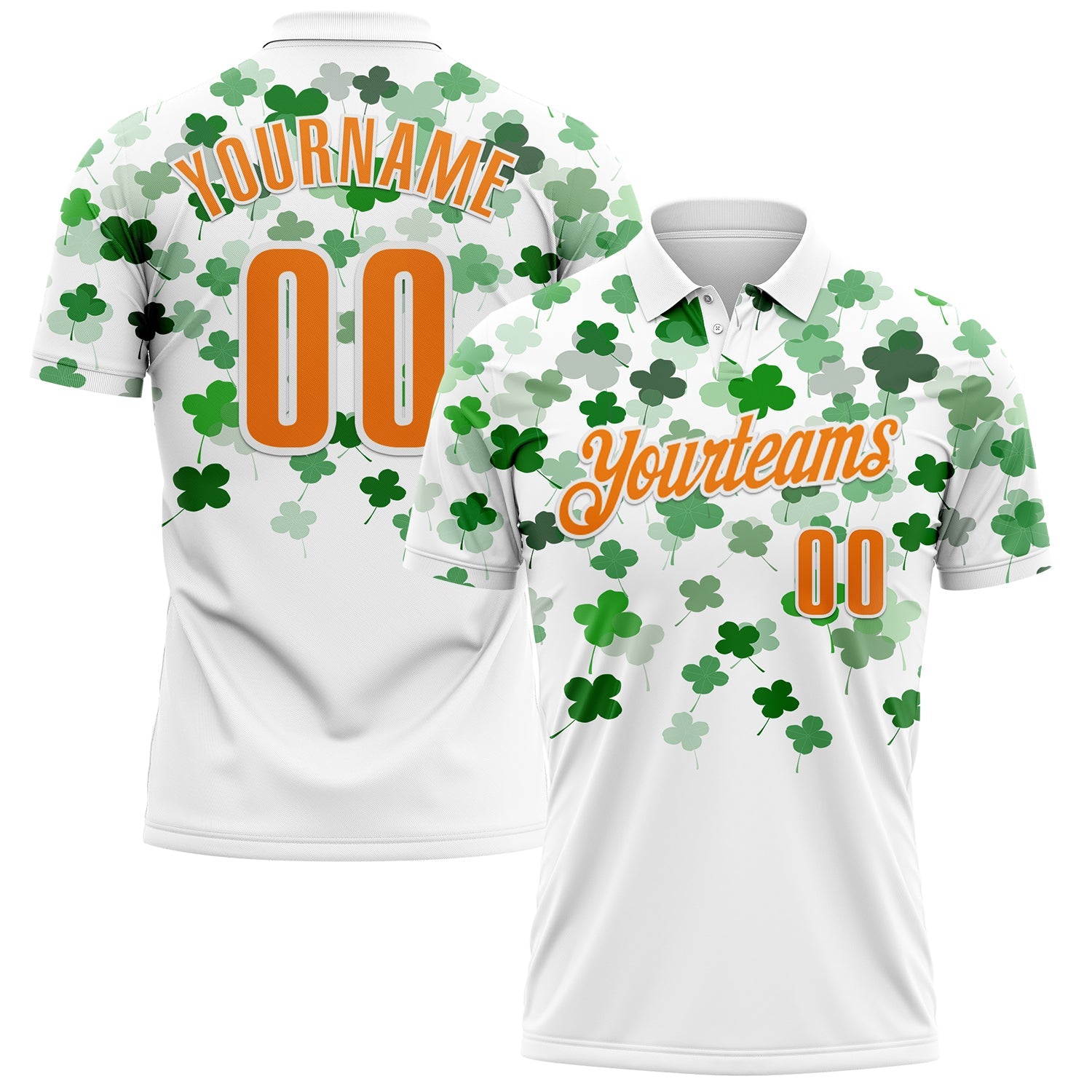 Custom White Bay Orange-Yellow 3D St. Patrick's Day Shamrock Performance Polo Shirt - Main View