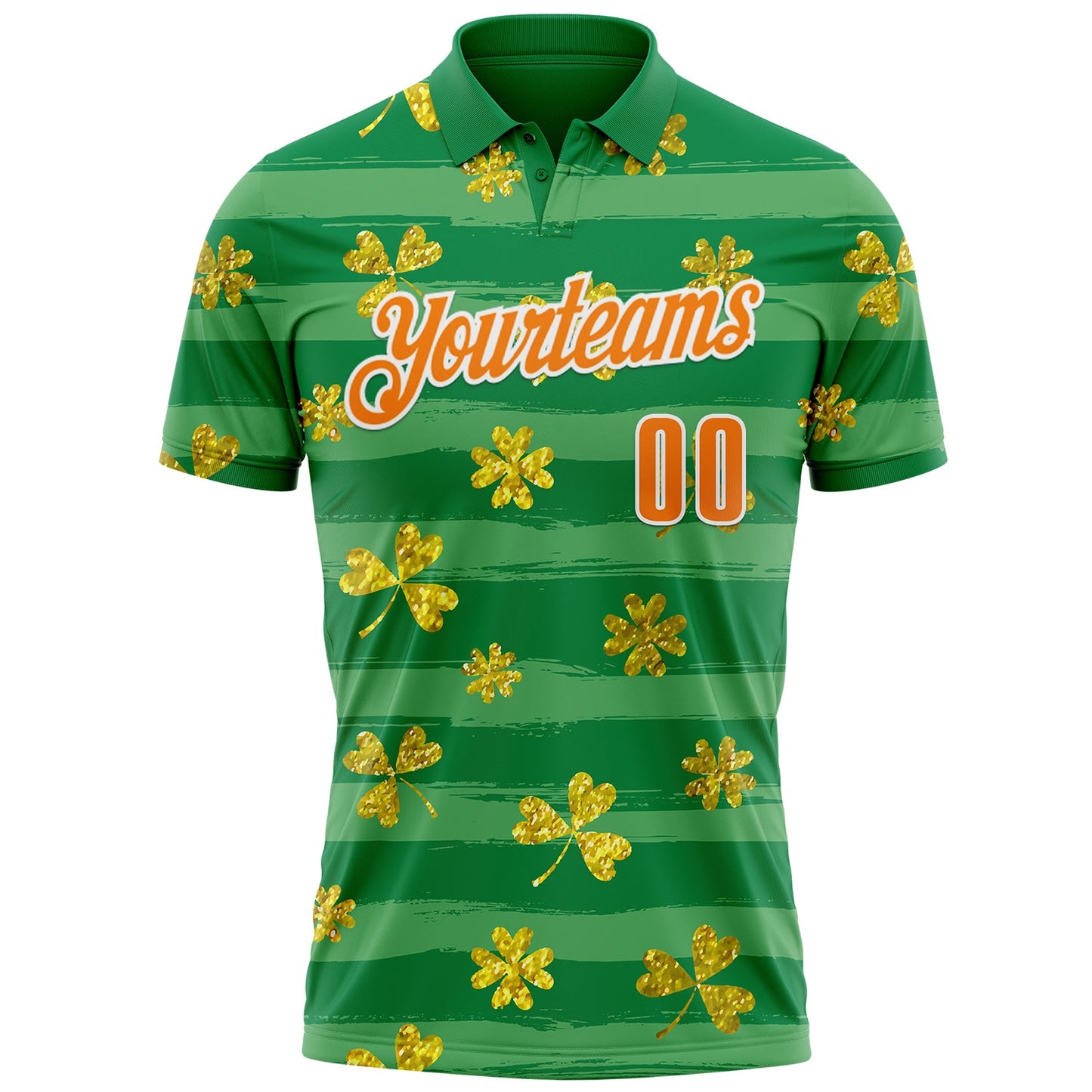 Custom Kelly Green Bay Orange-White 3D St. Patrick's Day Shamrock Performance Polo Shirt view 2