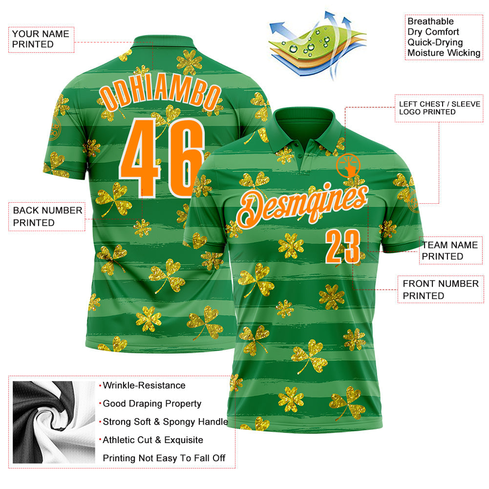Custom Kelly Green Bay Orange-White 3D St. Patrick's Day Shamrock Performance Polo Shirt view 3