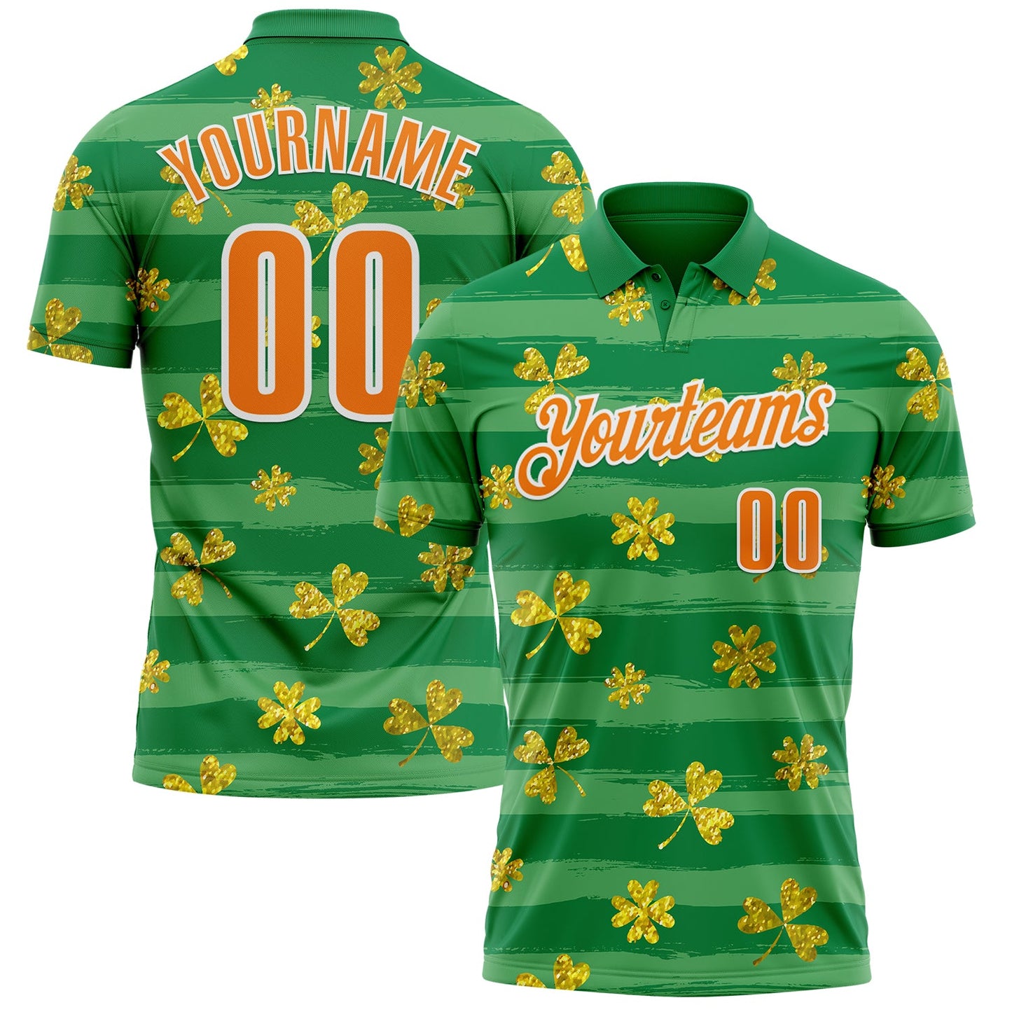 Custom Kelly Green Bay Orange-White 3D St. Patrick's Day Shamrock Performance Polo Shirt - Main View