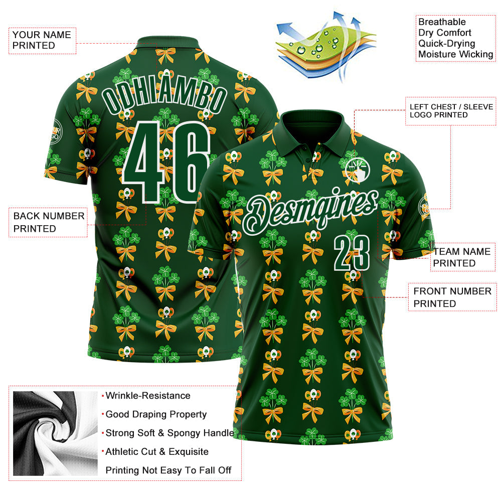 Custom Green White 3D St. Patrick's Day Shamrock Performance Polo Shirt view 3