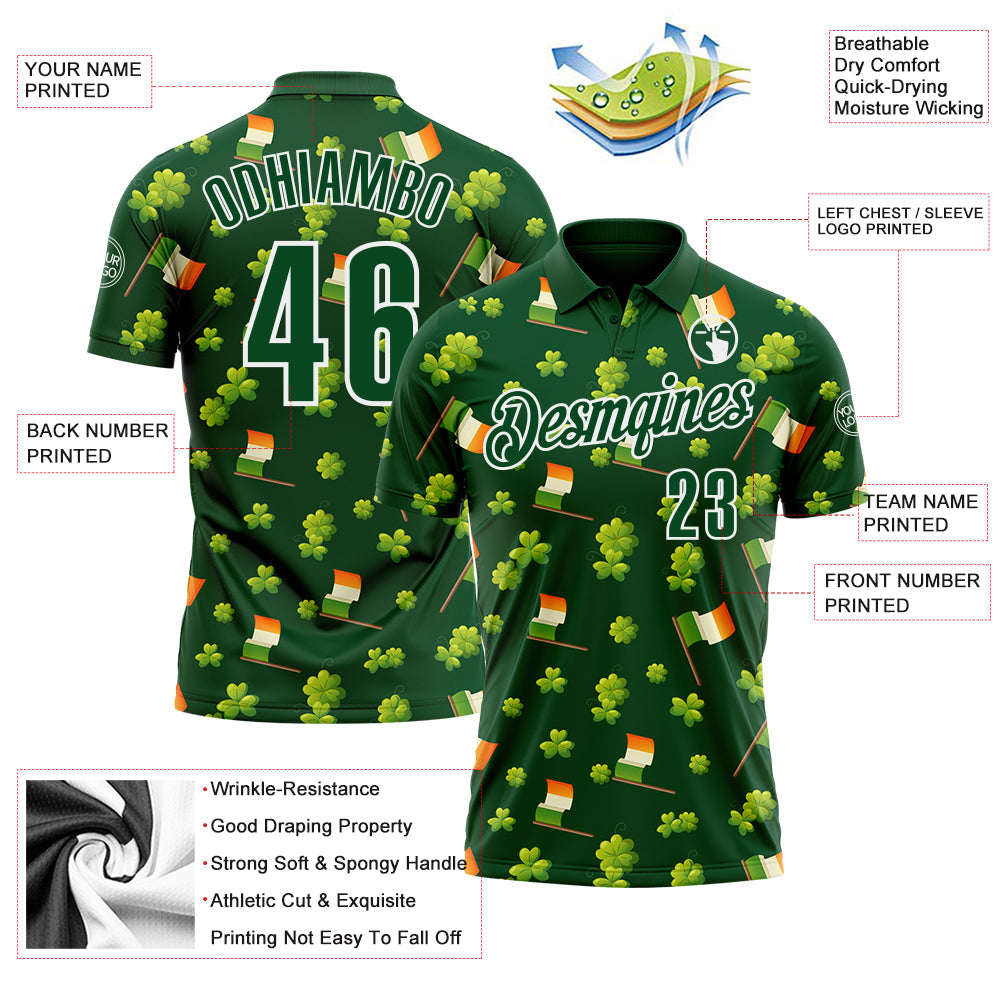 Custom Green White 3D St. Patrick's Day Shamrock Performance Polo Shirt view 3